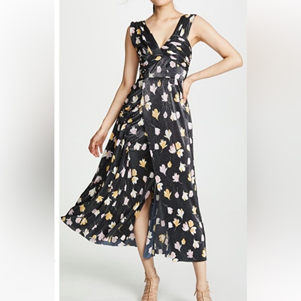 Self-Portrait Floral Printed Metallic Plisse Dress